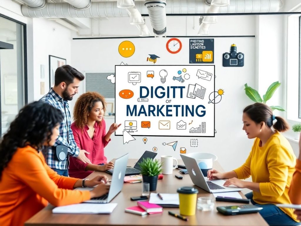 Oameni lucrând împreună în marketingul digital modern.