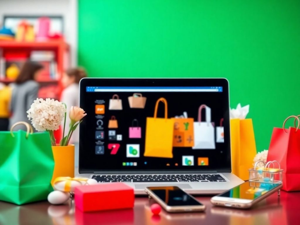 Scena de cumparaturi online cu produse diverse si tehnologie.