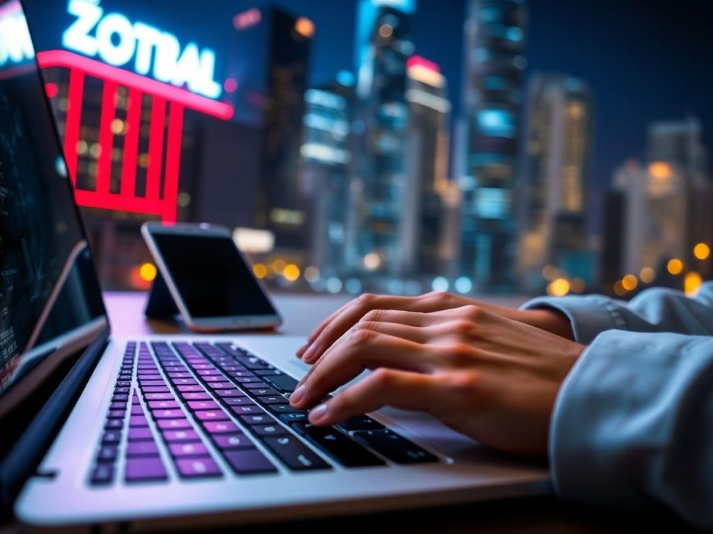 Laptop, smartphone, tabletă, lumini neon, oraș