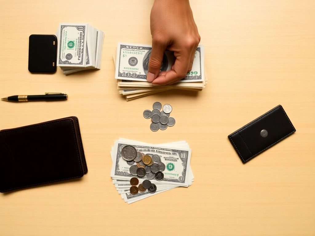 Bani, monede, portofel și planificare financiară pe o masă