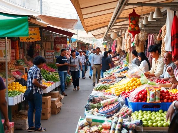 Scenă de piață locală cu vânzători și produse diverse.