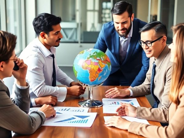 O echipă diversă discutând strategii de afaceri internaționale.