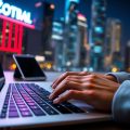 Laptop, smartphone, tabletă, lumini neon, oraș