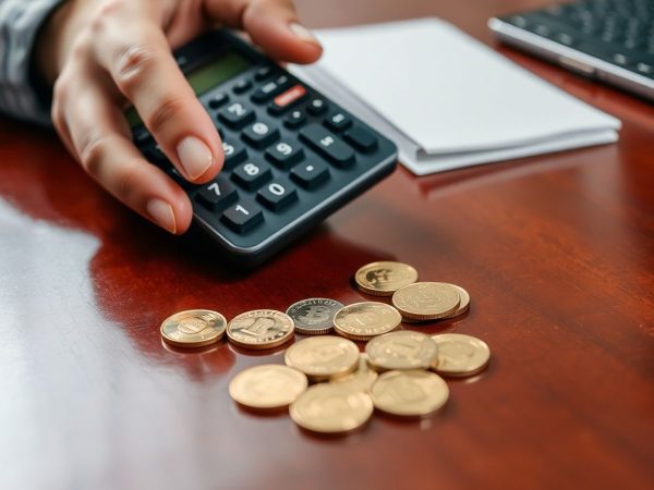 Mână, calculator, monede, succes afaceri.